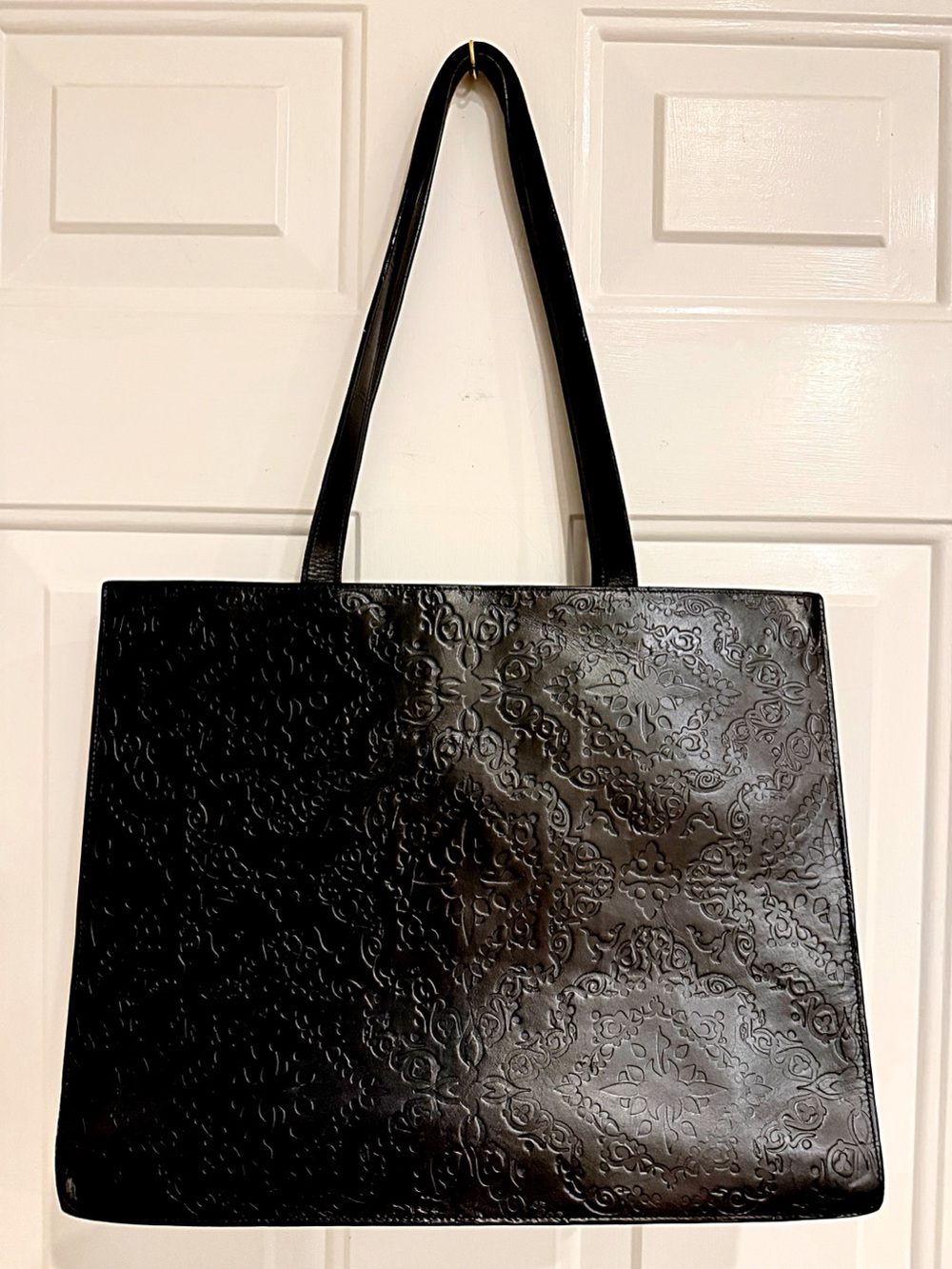 Levenger Black Hand-Tooled Leather Tote | Embossed Floral Shoulder Bag